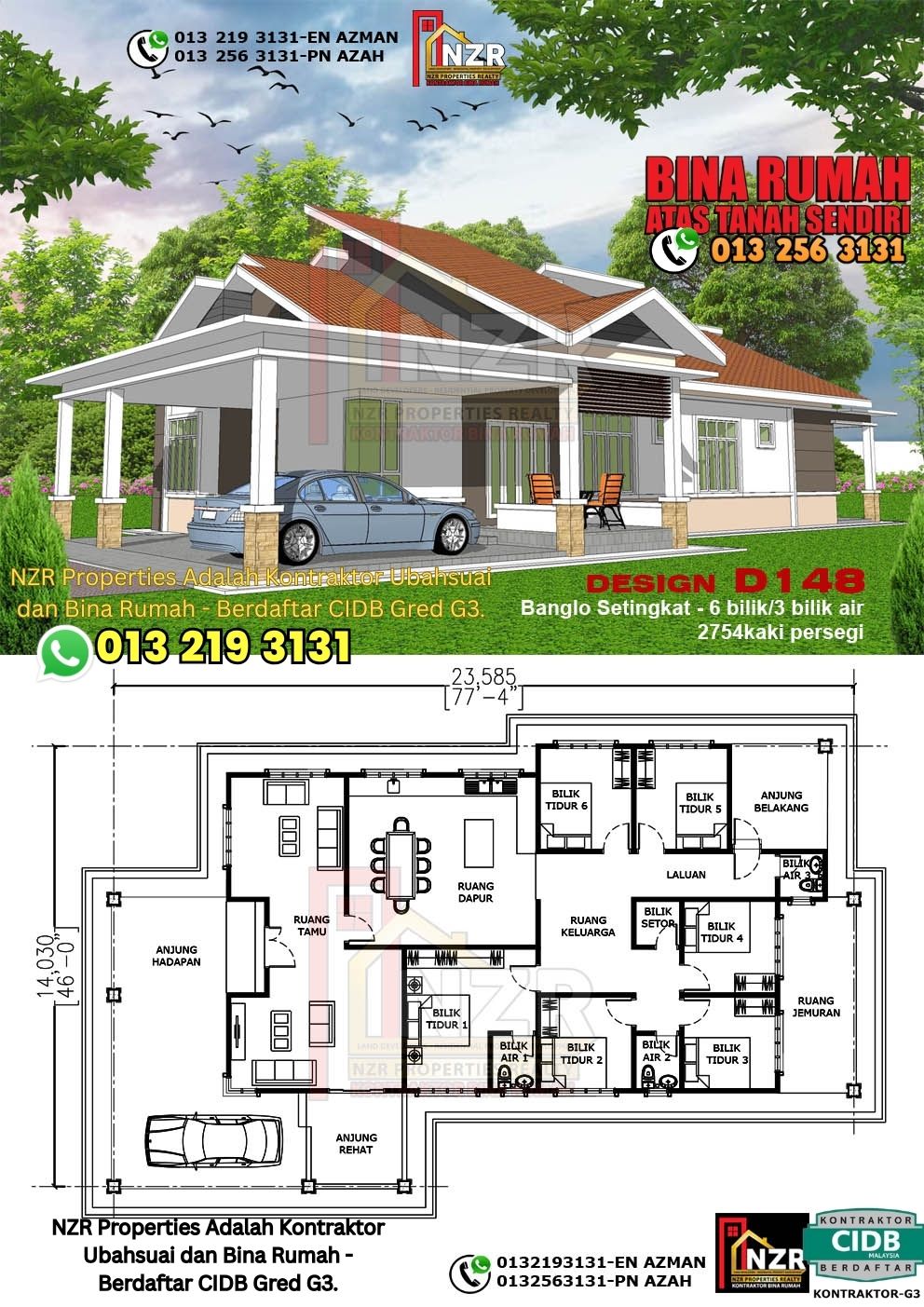Design 27-Kod D148-Banglo Setingkat - 6Bilik &3 Bilik Air-Size Rumah 2754kps
