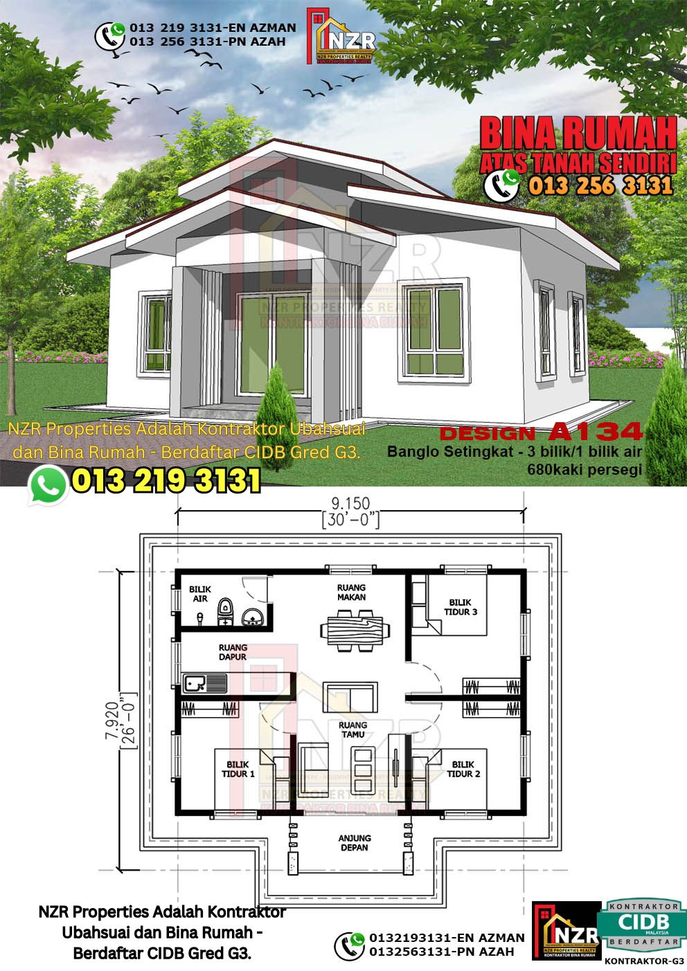 Design 28-Kod A134-Banglo Setingkat - 3 Bilik &1 Bilik Air-Size Rumah 680kps