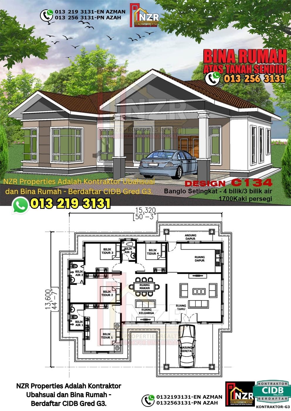 Design 28-Kod C134-Banglo Setingkat - 4Bilik &3 Bilik Air-Size Rumah 1700kps