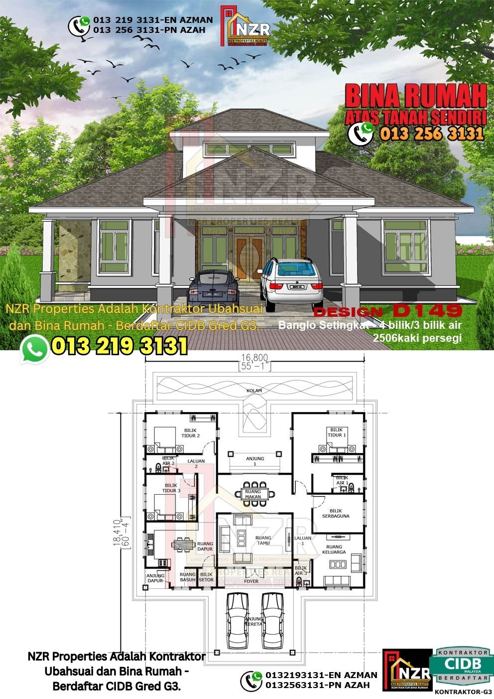 Design 28-Kod D149-Banglo Setingkat - 4Bilik &3 Bilik Air-Size Rumah 2506kps
