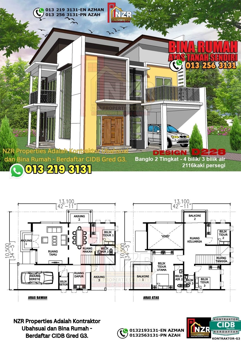 Design 28-Kod D228-Design Rumah Dua Tingkat -4Bilik &3Bilik Air-Size Rumah 2116kps