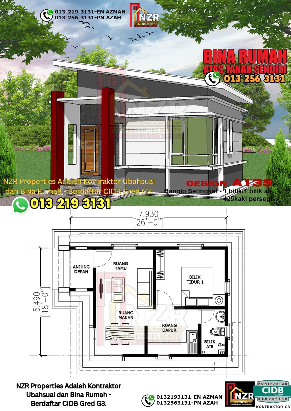 Design 29-Kod A135-Banglo Setingkat - 1 Bilik &1 Bilik Air-Size Rumah 425kps