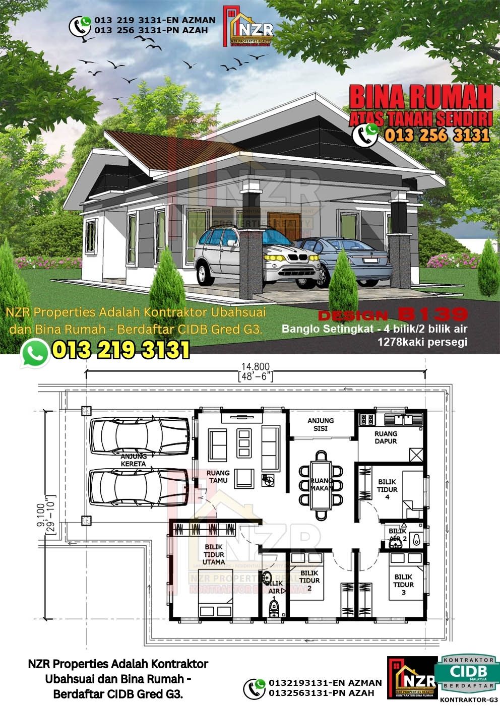 Design 26-Kod B139-Banglo Setingkat - 4Bilik &2 Bilik Air-Size Rumah 1278kps