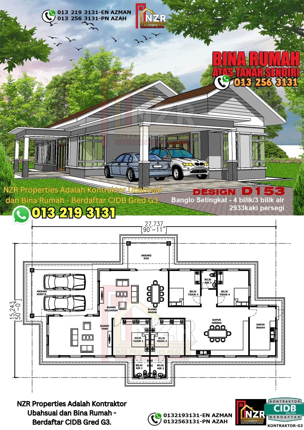 Design 29-Kod D153-Banglo Setingkat - 4Bilik &3 Bilik Air-Size Rumah 2933kps