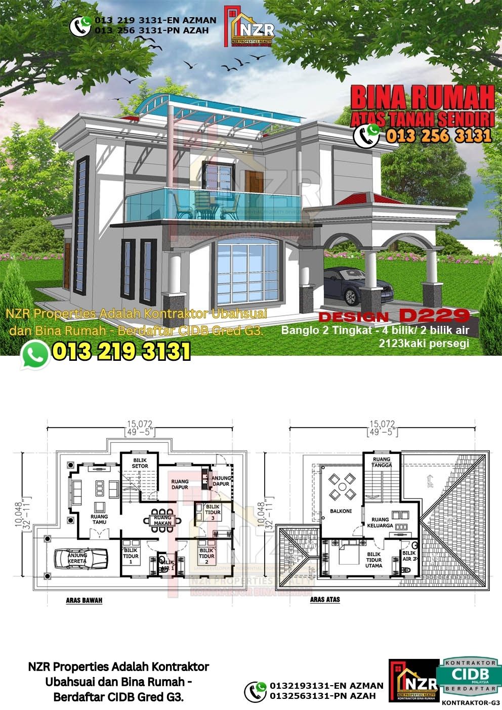 Design 29-Kod D229-Design Rumah Dua Tingkat -4Bilik &2Bilik Air-Size Rumah 2123kps