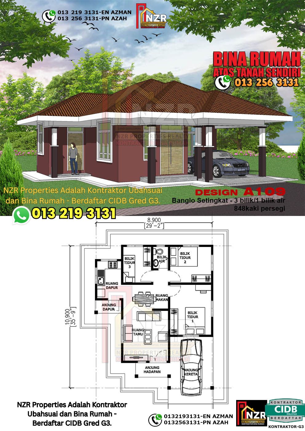 Design 3-Kod A109-Banglo Setingkat - 3 Bilik &1 Bilik Air-Size Rumah 848kps