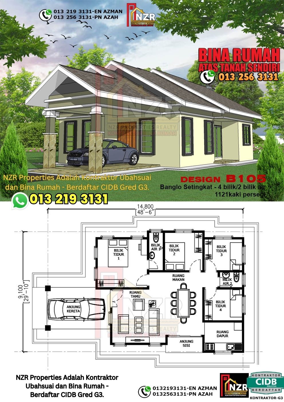 Design 3-Kod B105-Banglo Setingkat - 4 Bilik &2 Bilik Air-Size Rumah 1121kps