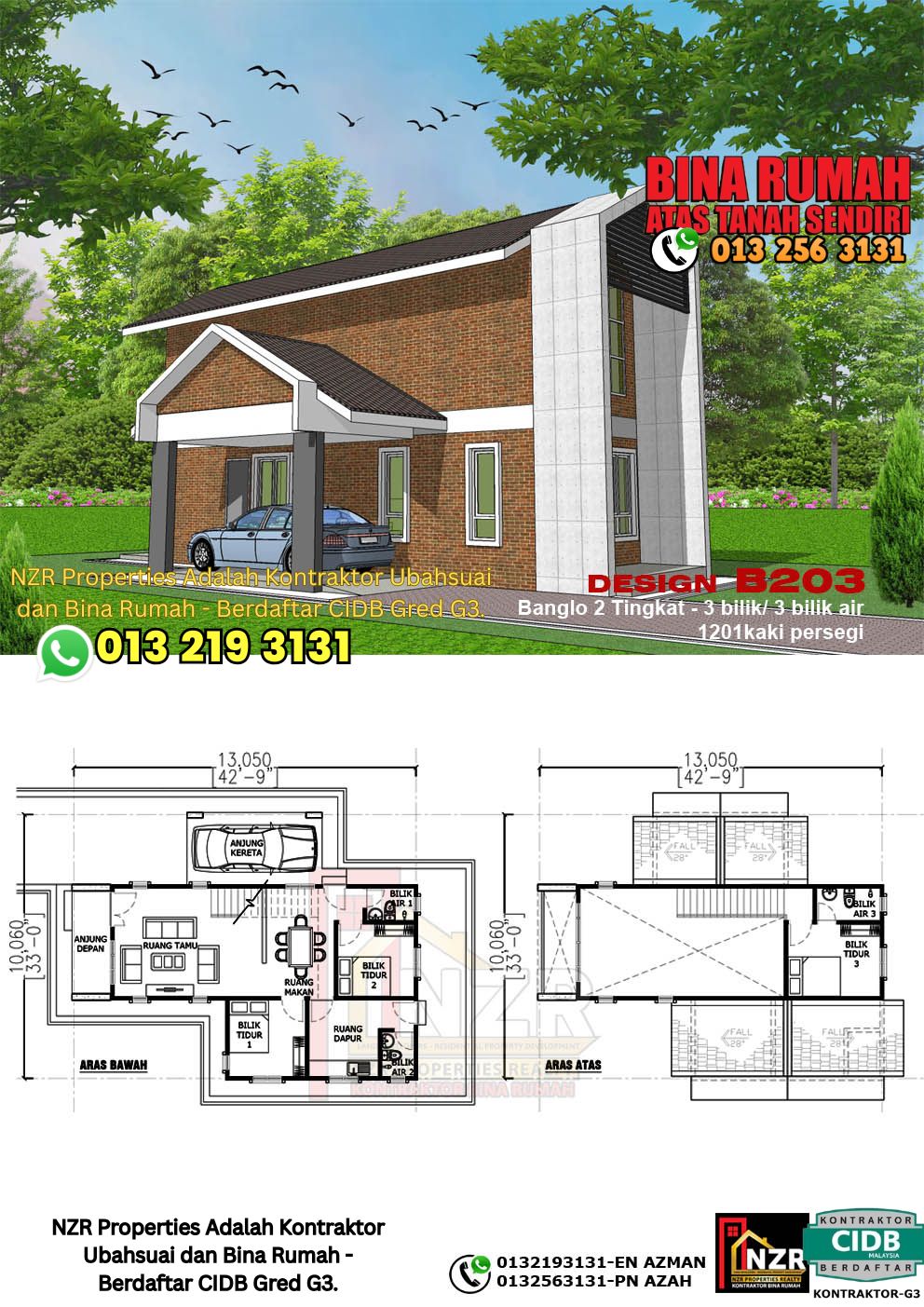 Design 3-Kod B203-Design Rumah Dua Tingkat -3Bilik &3Bilik Air-Size Rumah 1201kps 