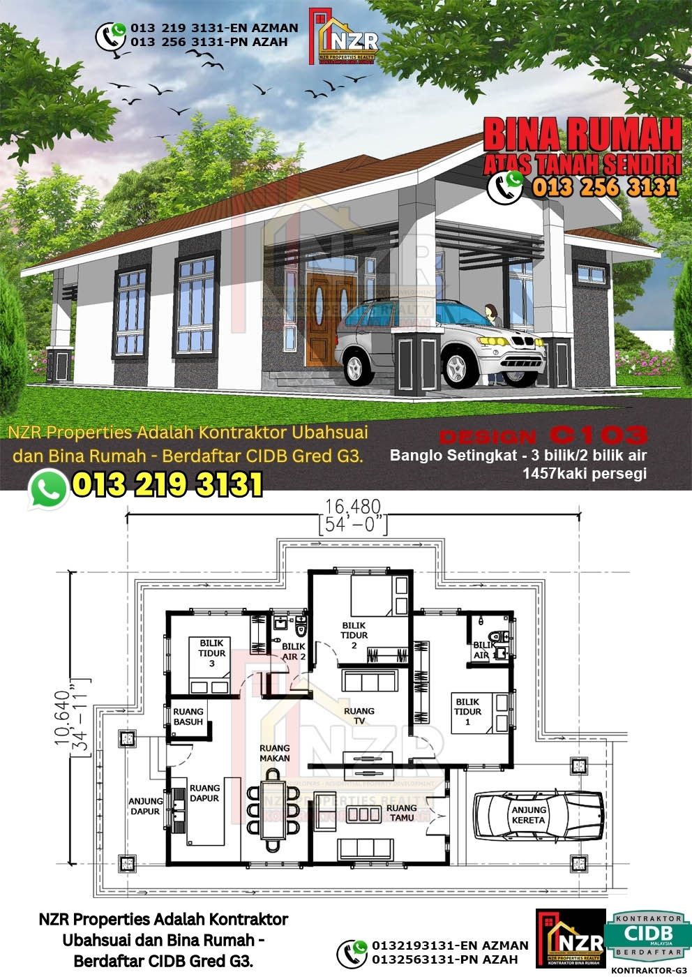Design 3-Kod C103-Banglo Setingkat - 3Bilik &2 Bilik Air-Size Rumah 1457kps