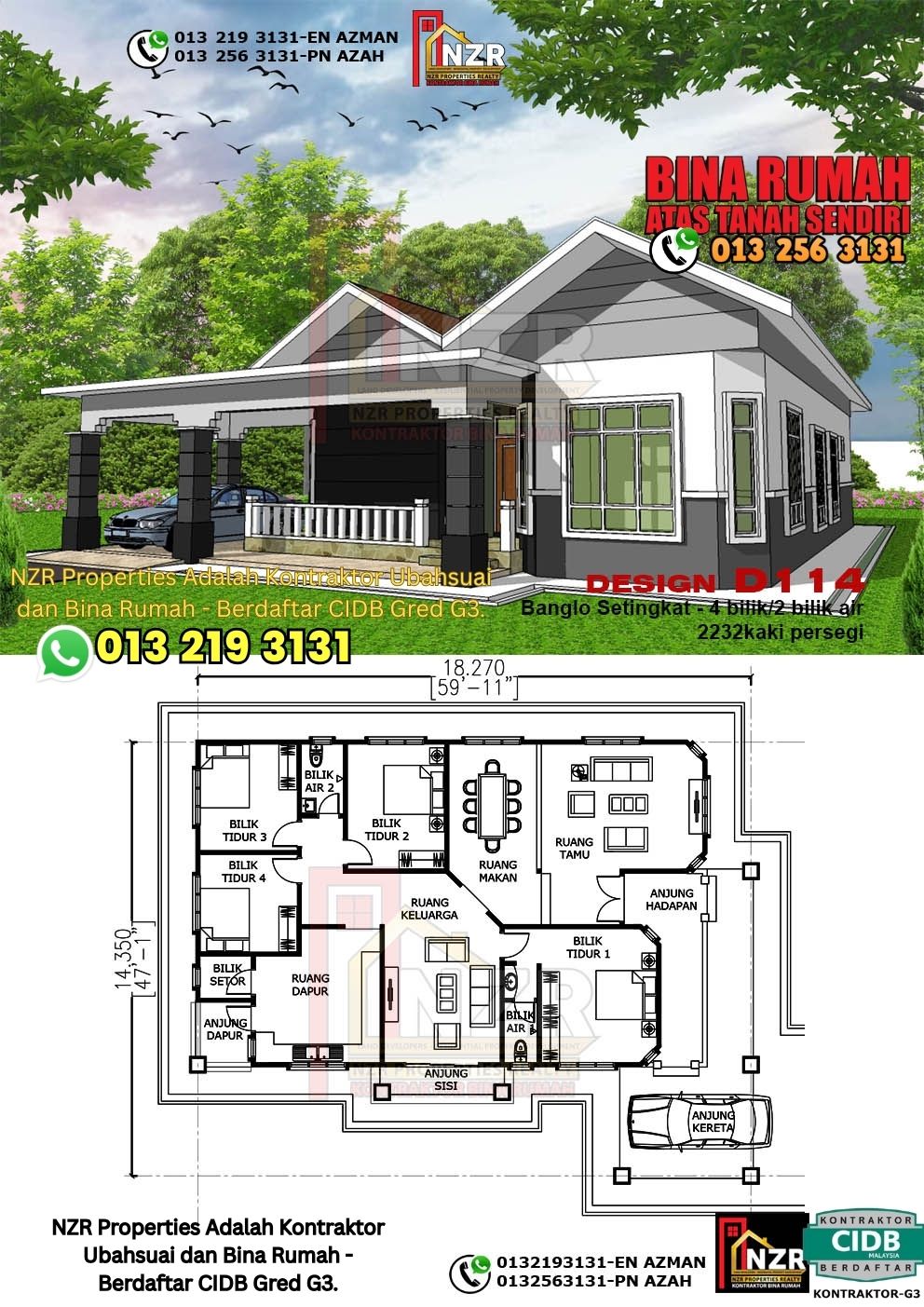Design 3-Kod D114-Banglo Setingkat - 4Bilik &2 Bilik Air-Size Rumah 2232kps