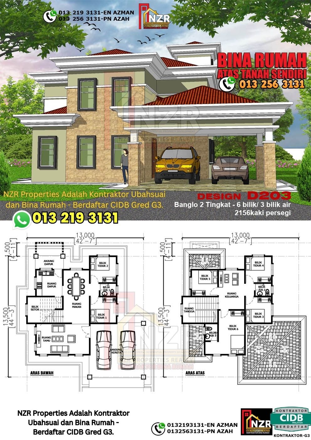 Design 3-Kod D203-Design Rumah Dua Tingkat -6 Bilik & 3 Bilik Air-Size Rumah 2156kps