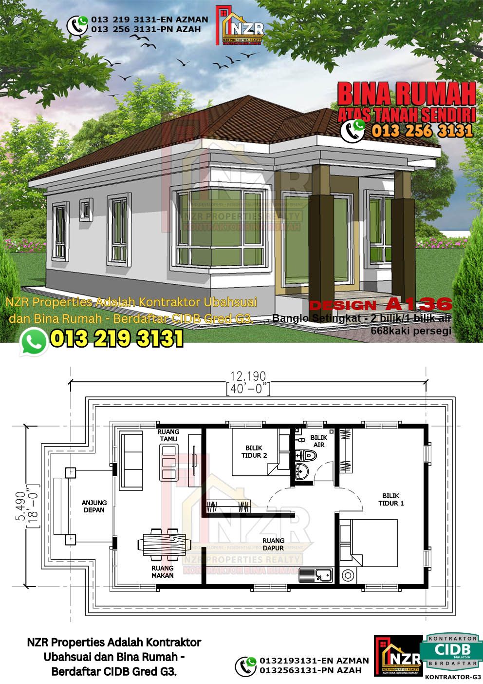 Design 30-Kod A136-Banglo Setingkat - 2 Bilik &1 Bilik Air-Size Rumah 668kps