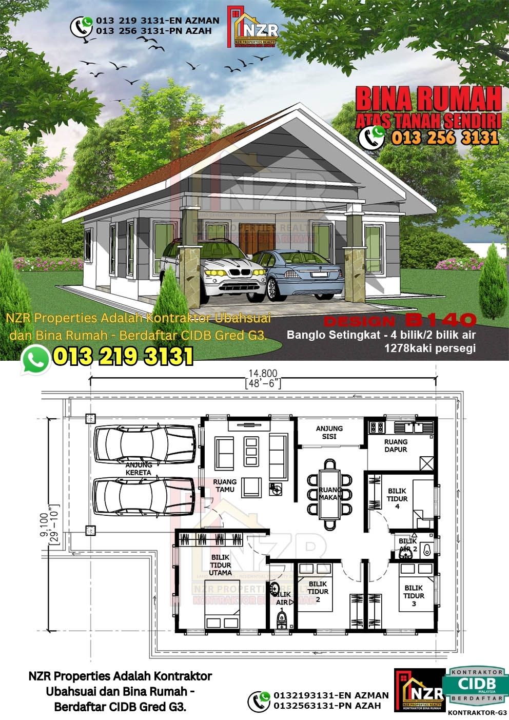 Design 27-Kod B140-Banglo Setingkat - 4Bilik &2 Bilik Air-Size Rumah 1278kps