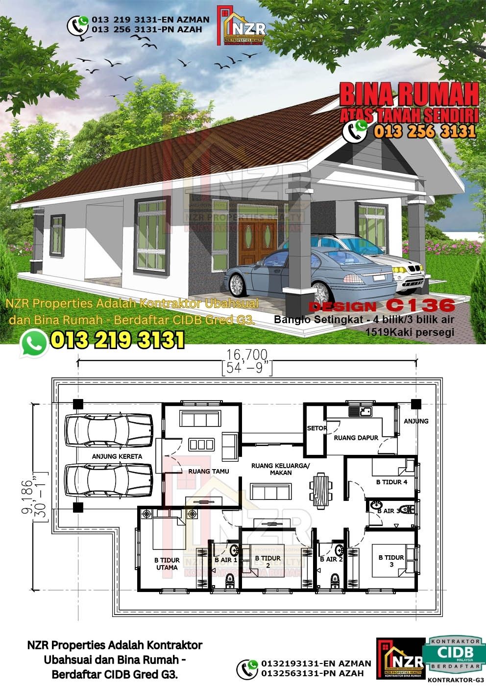 Design 30-Kod C136-Banglo Setingkat - 4Bilik &3 Bilik Air-Size Rumah 1519kps