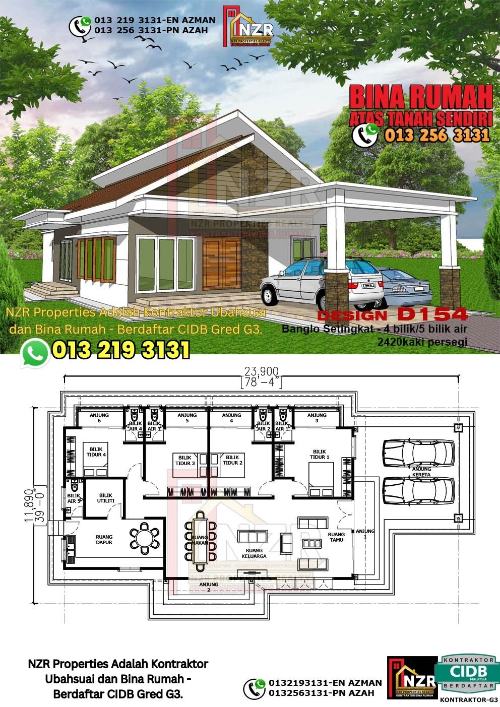 Design 30-Kod D154-Banglo Setingkat - 4Bilik & 5 Bilik Air-Size Rumah 2420kps