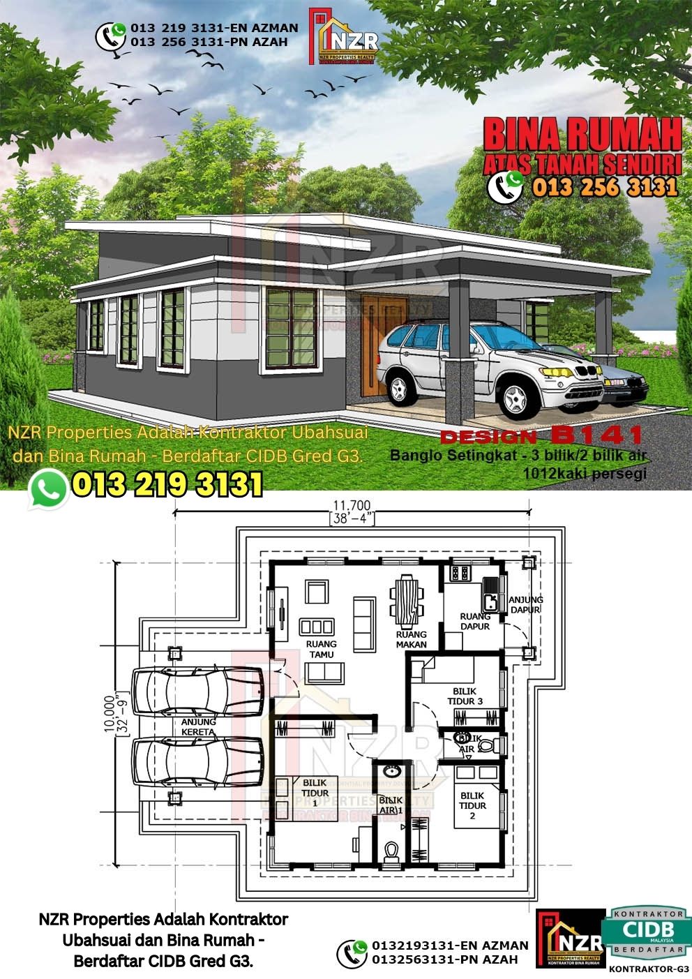 Design 28-Kod B141-Banglo Setingkat - 3Bilik &2 Bilik Air-Size Rumah 1012kps