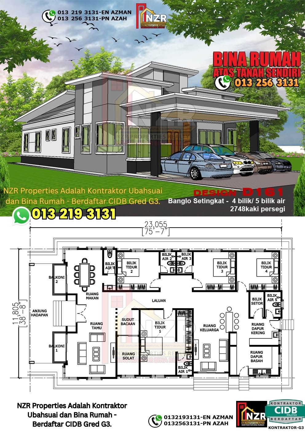 Design 31-Kod D161-Banglo Setingkat - 4Bilik & 5Bilik Air-Size Rumah 2748kps