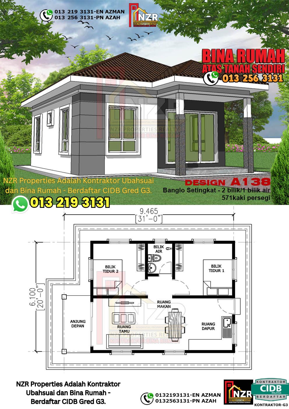Design 32-Kod A138-Banglo Setingkat - 2 Bilik &1 Bilik Air-Size Rumah 571kps