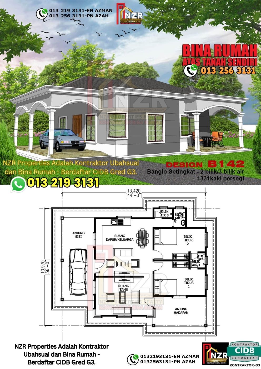 Design 29-Kod B142-Banglo Setingkat - 2 Bilik &3 Bilik Air-Size Rumah 1331kps