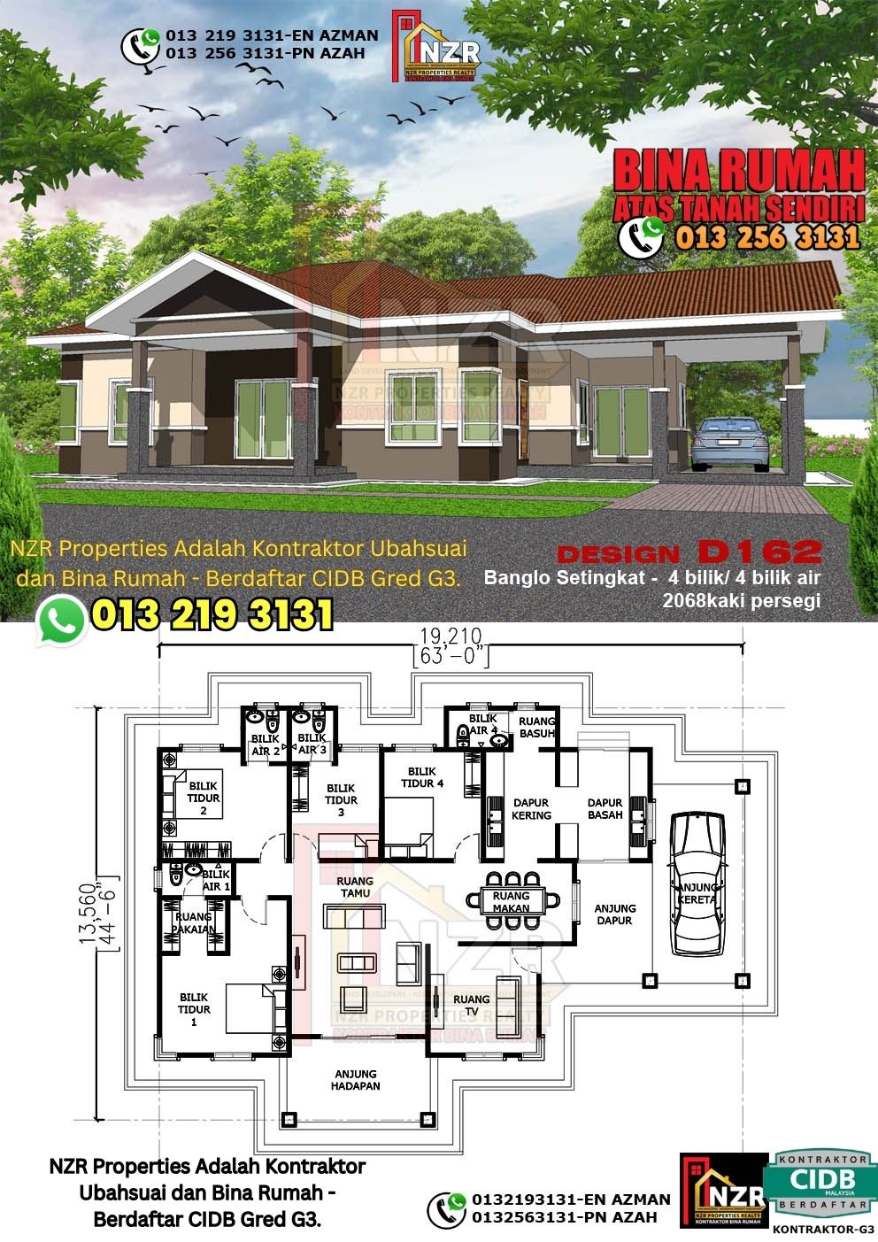 Design 32-Kod D162-Banglo Setingkat - 4Bilik &4Bilik Air-Size Rumah 2068kps