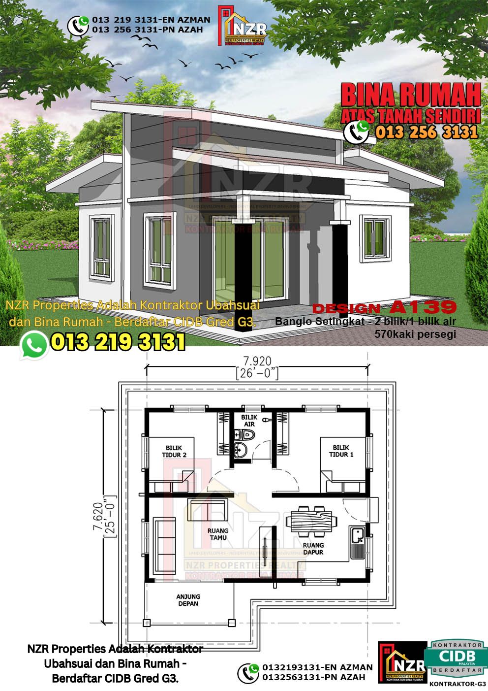 Design 33-Kod A139-Banglo Setingkat - 2 Bilik &1 Bilik Air-Size Rumah 570kps