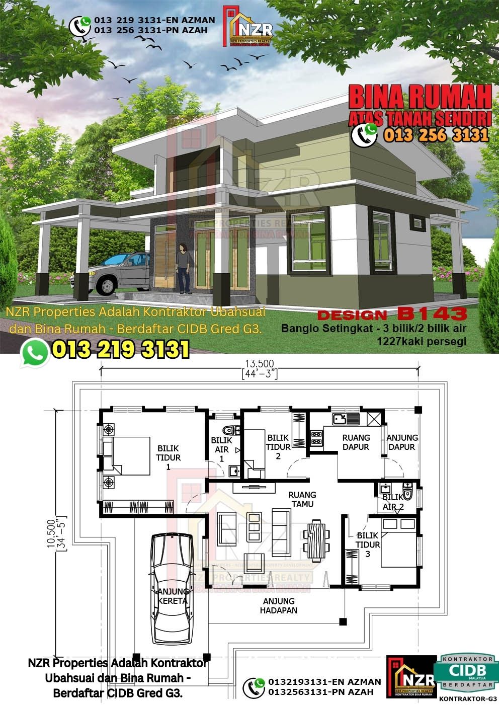 Design 30-Kod B143-Banglo Setingkat - 3Bilik &2 Bilik Air-Size Rumah 1227kps