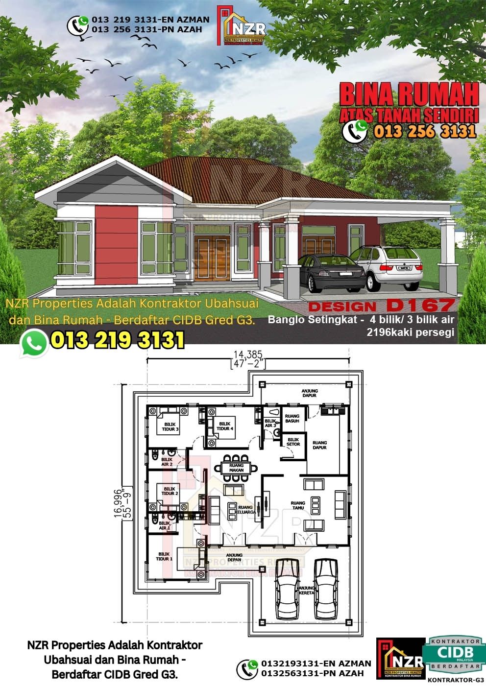 Design 33-Kod D167-Banglo Setingkat - 4Bilik &3Bilik Air-Size Rumah 2196kps
