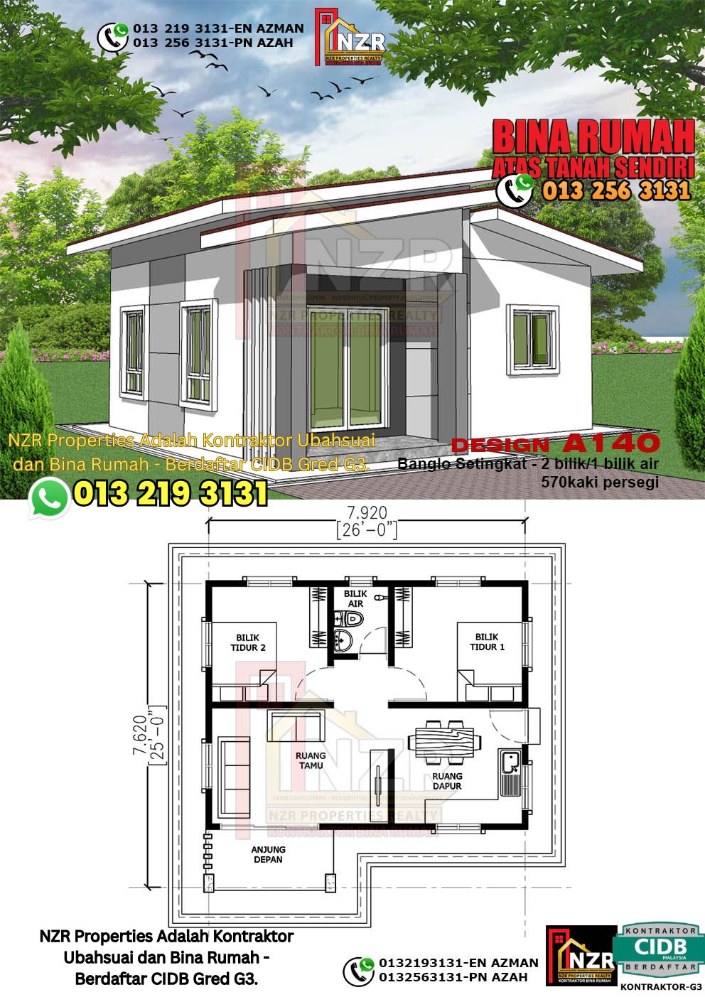 Design 34-Kod A140-Banglo Setingkat - 2 Bilik &1 Bilik Air-Size Rumah 570kps