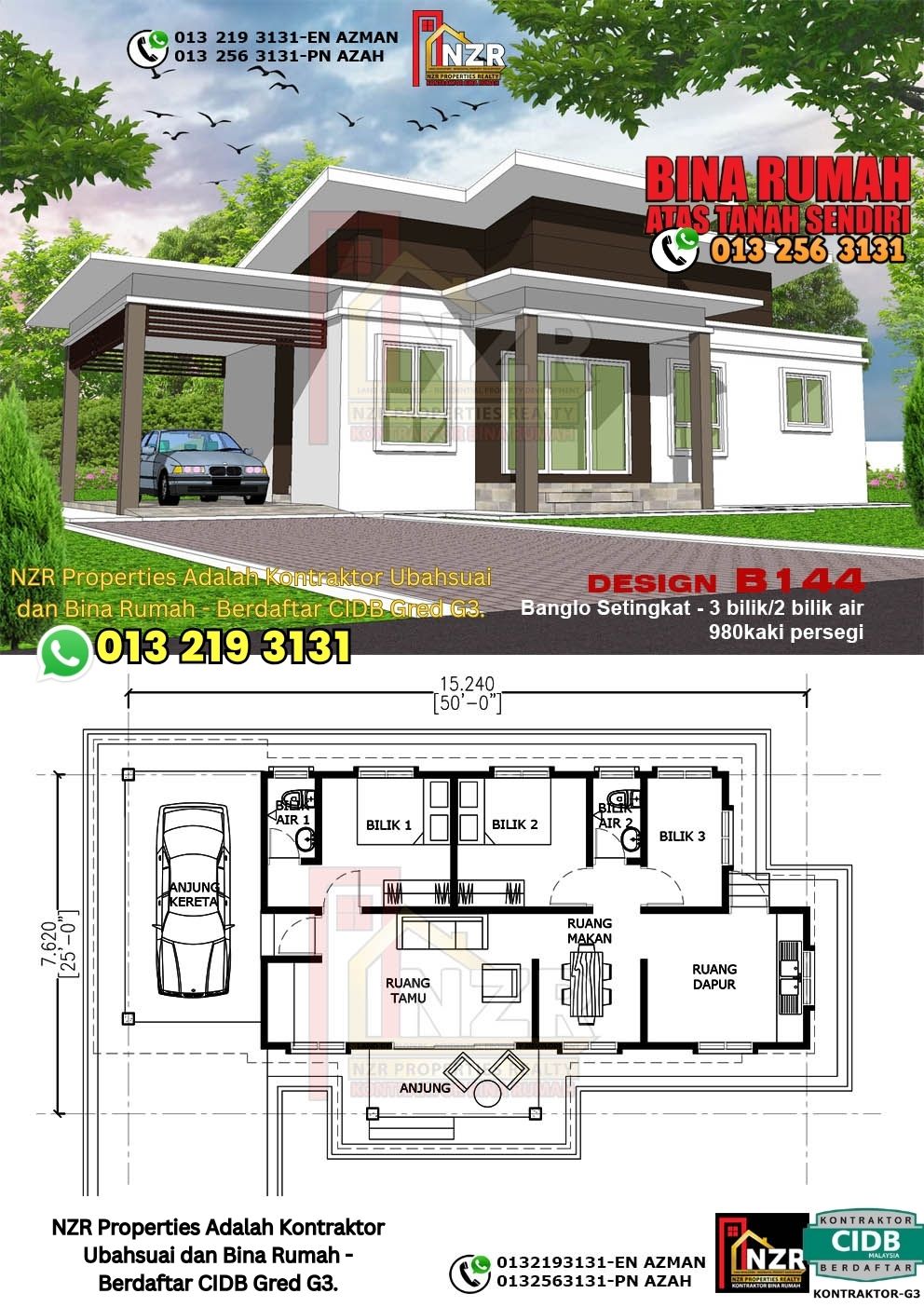 Design 31-Kod B144-Banglo Setingkat - 3Bilik &2 Bilik Air-Size Rumah 980kps