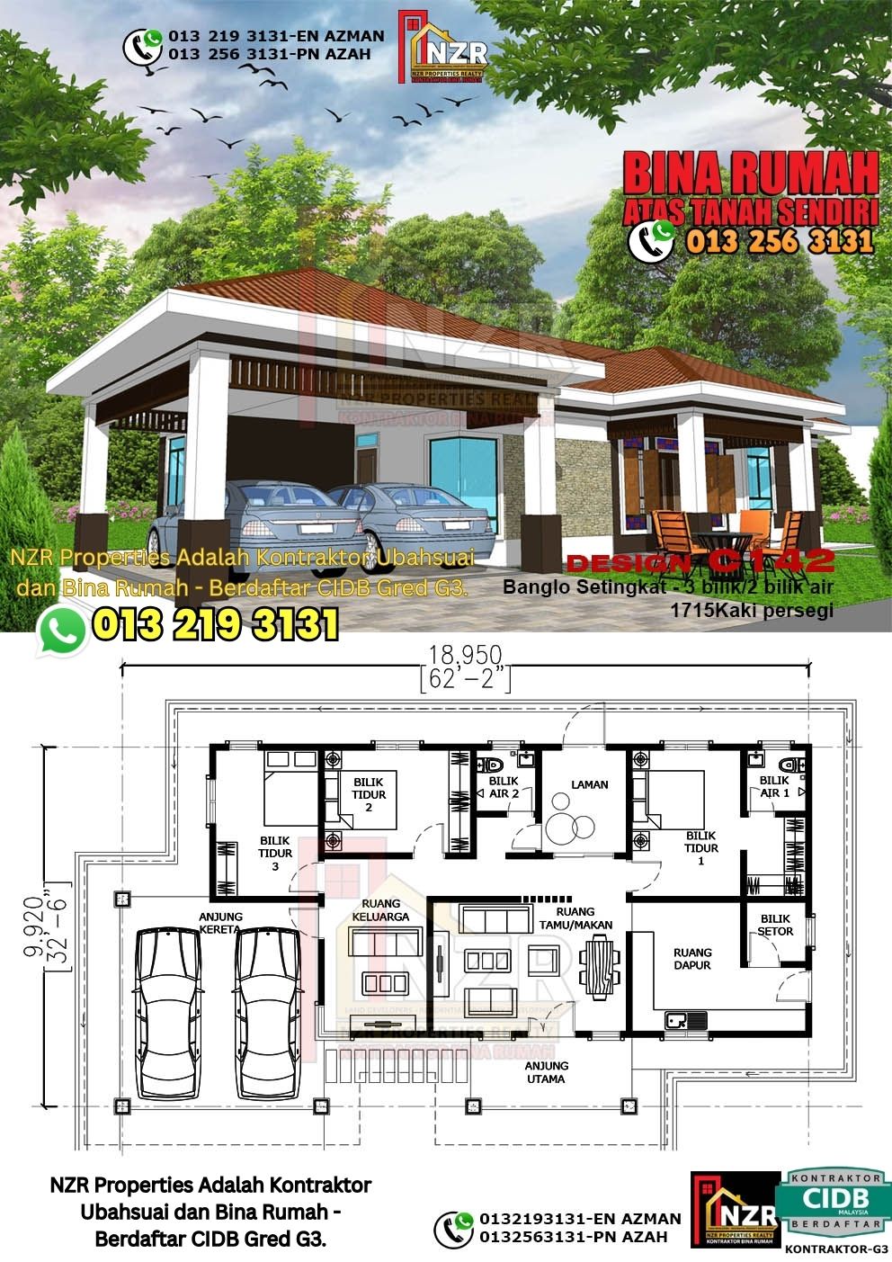 Design 33-Kod C142-Banglo Setingkat - 3Bilik &2 Bilik Air-Size Rumah 1715kps