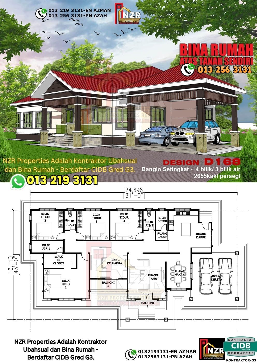 Design 34-Kod D168-Banglo Setingkat - 4Bilik &3Bilik Air-Size Rumah 2655kps