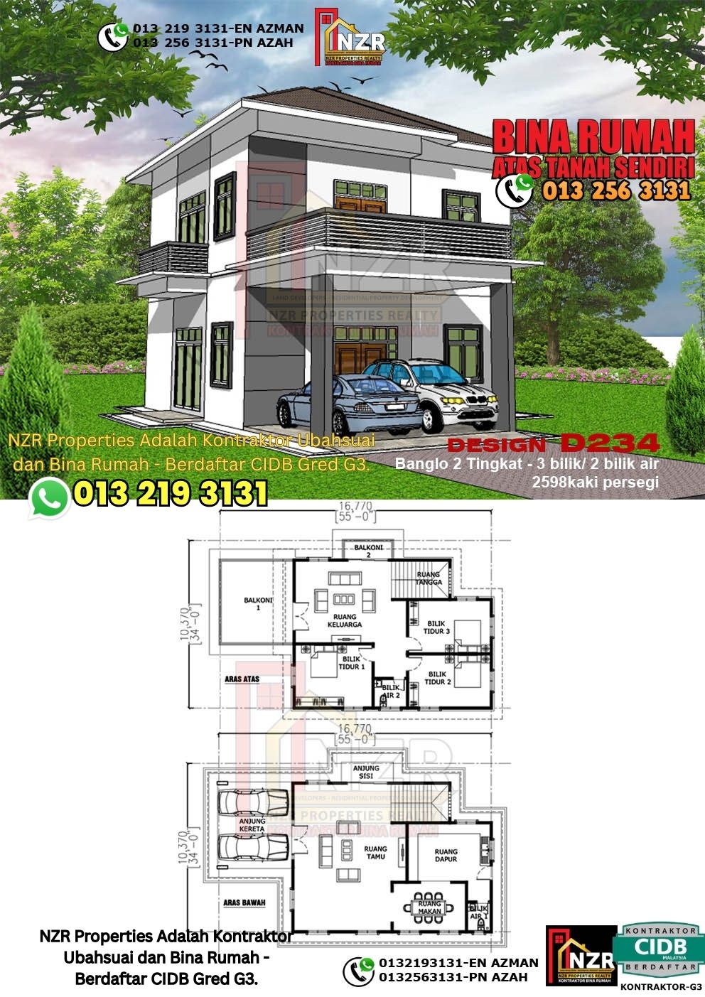Design 34-Kod D234-Design Rumah Dua Tingkat -3Bilik &2Bilik Air-Size Rumah 2598kps