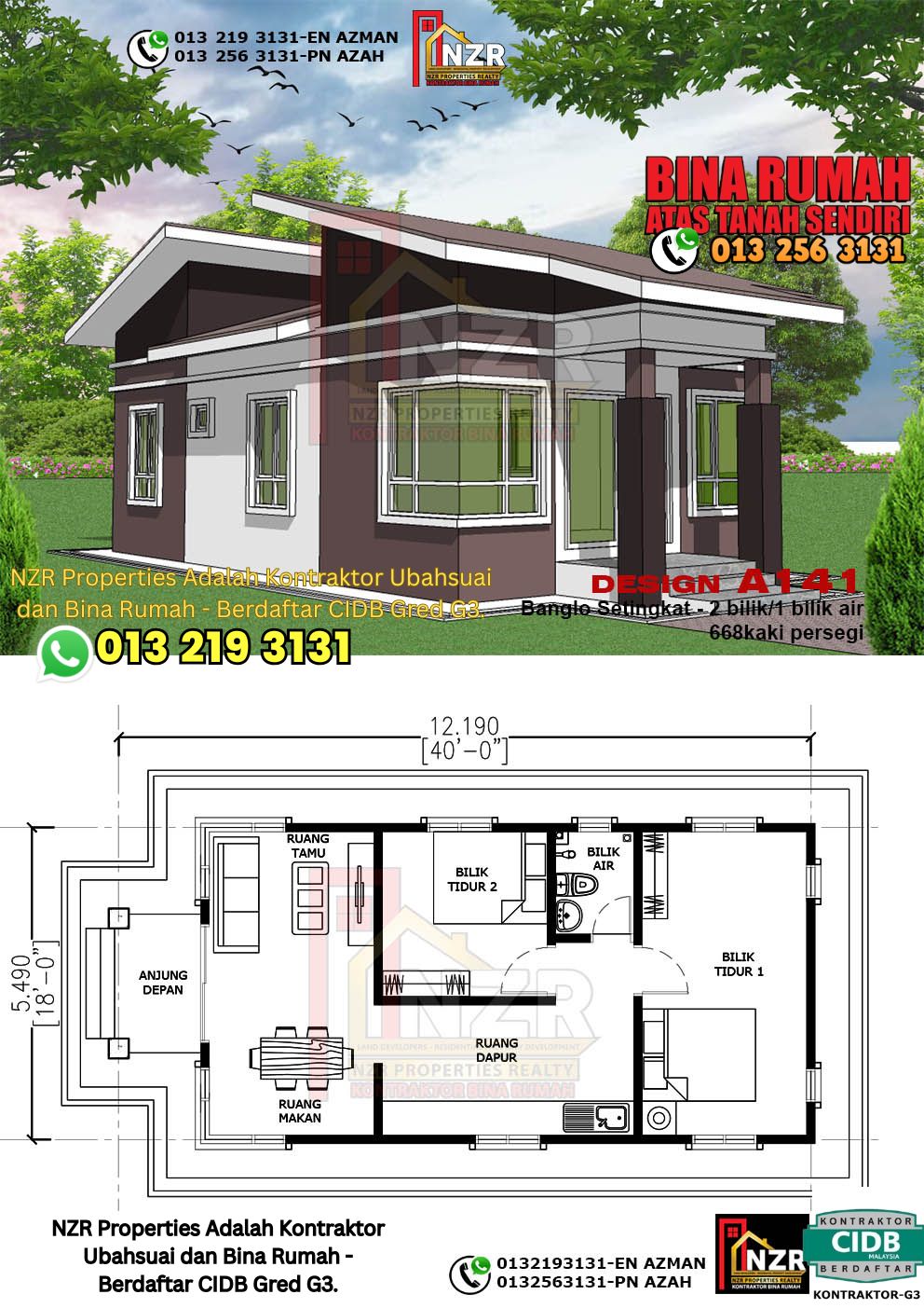 Design 35-Kod A141-Banglo Setingkat - 2 Bilik &1 Bilik Air-Size Rumah 668kps