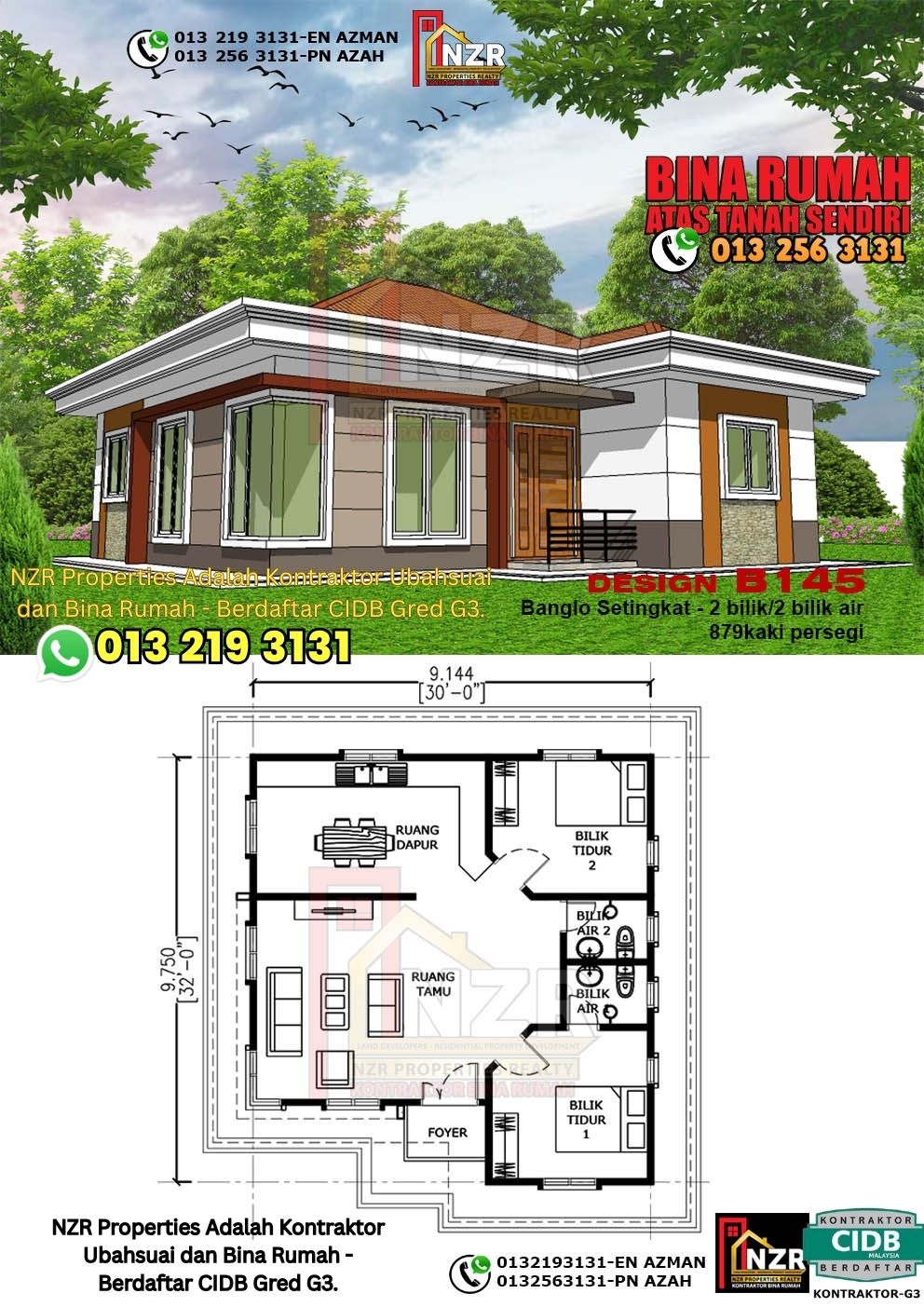 Design 32-Kod B145-Banglo Setingkat - 2 Bilik &2 Bilik Air-Size Rumah 879kps