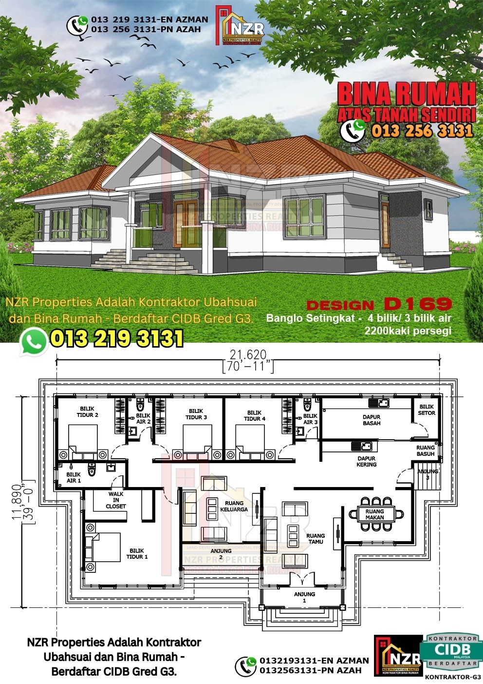 Design 35-Kod D169-Banglo Setingkat - 4Bilik &3Bilik Air-Size Rumah 2200kps