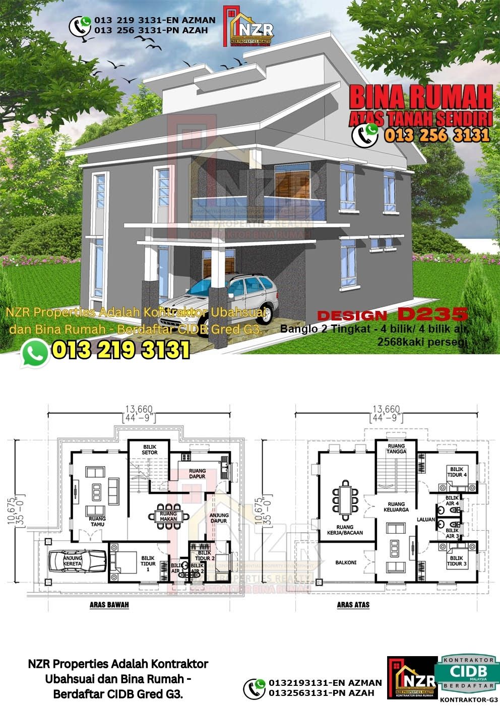 Design 35-Kod D235-Design Rumah Dua Tingkat -4Bilik &4Bilik Air-Size Rumah 2568kps