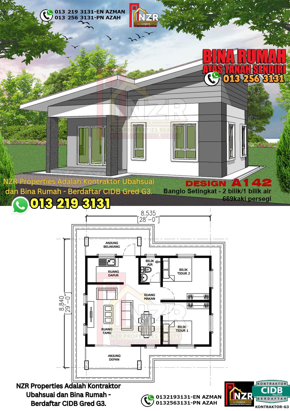 Design 36-Kod A142-Banglo Setingkat - 2 Bilik &1 Bilik Air-Size Rumah 669kps