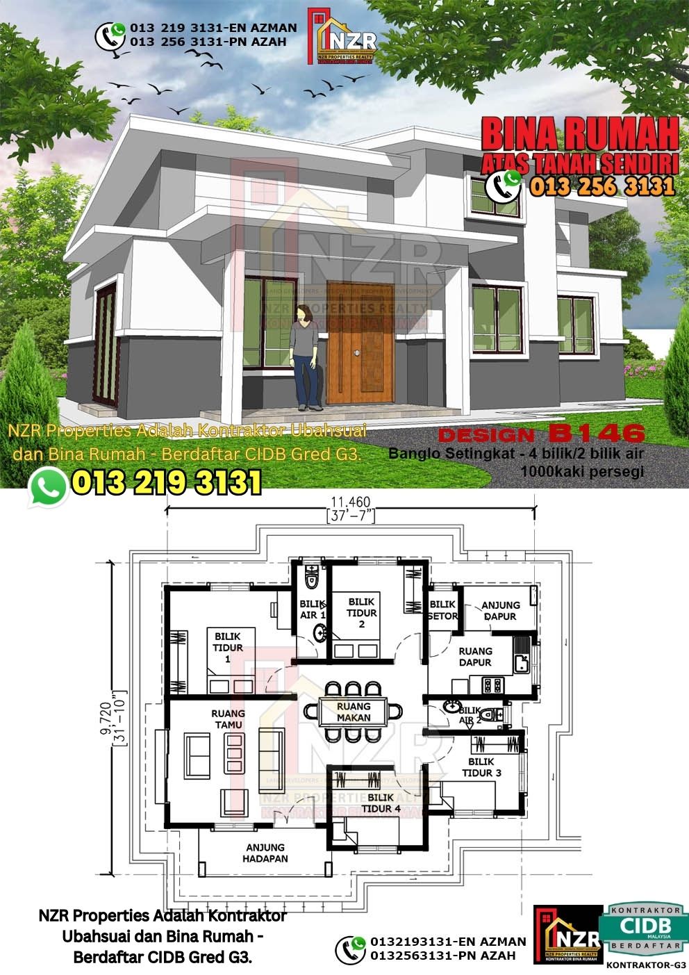 Design 33-Kod B146-Banglo Setingkat - 4Bilik &2 Bilik Air-Size Rumah 1000kps