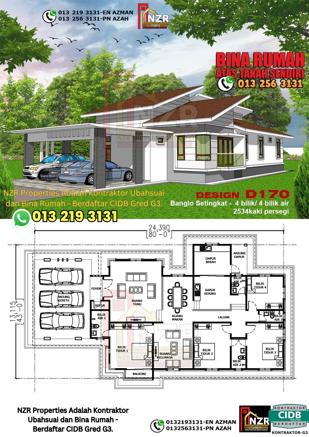 Design 36-Kod D170-Banglo Setingkat - 4Bilik &4Bilik Air-Size Rumah 2534kps