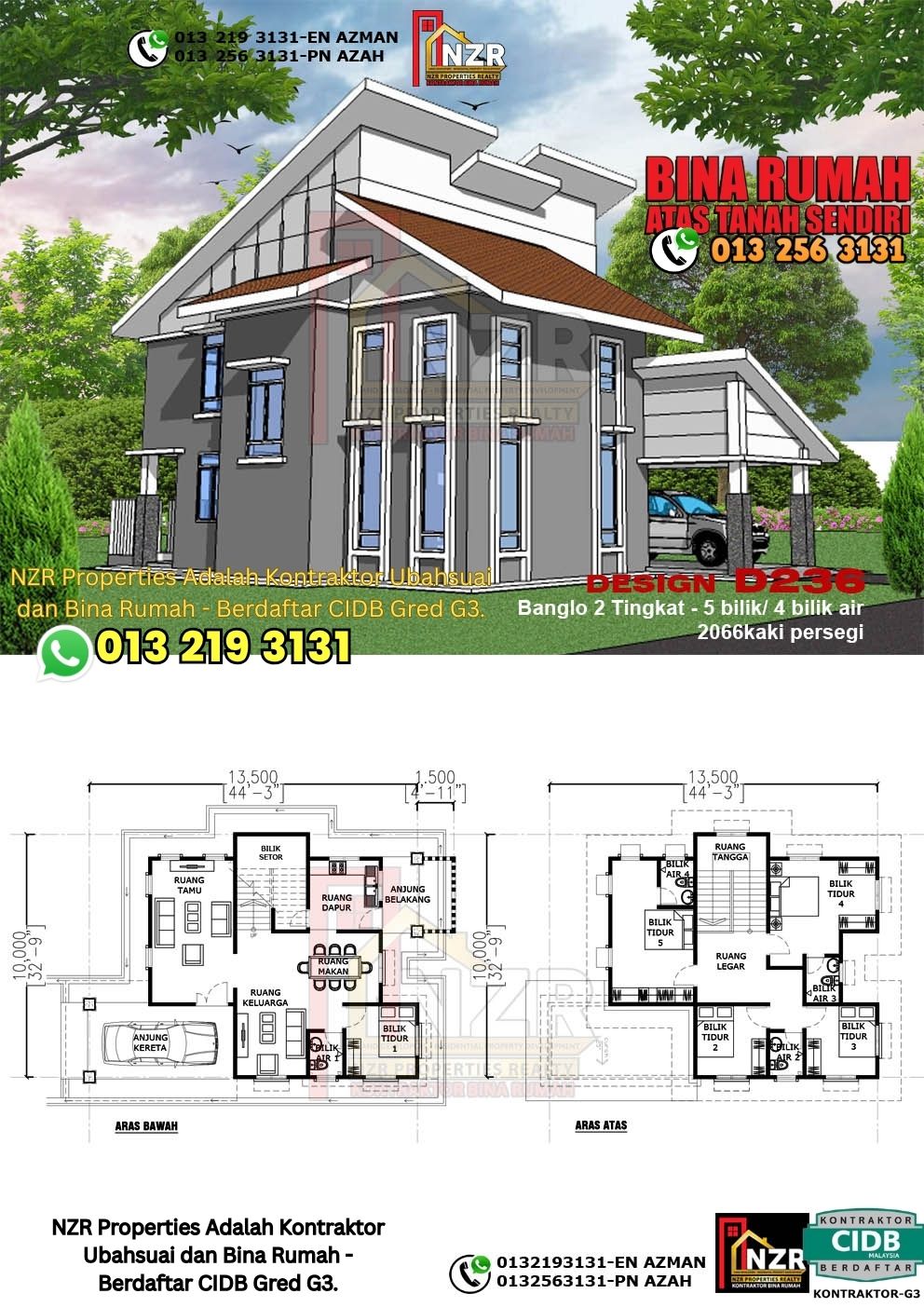 Design 36-Kod D236-Design Rumah Dua Tingkat -5Bilik &4Bilik Air-Size Rumah 2066kps