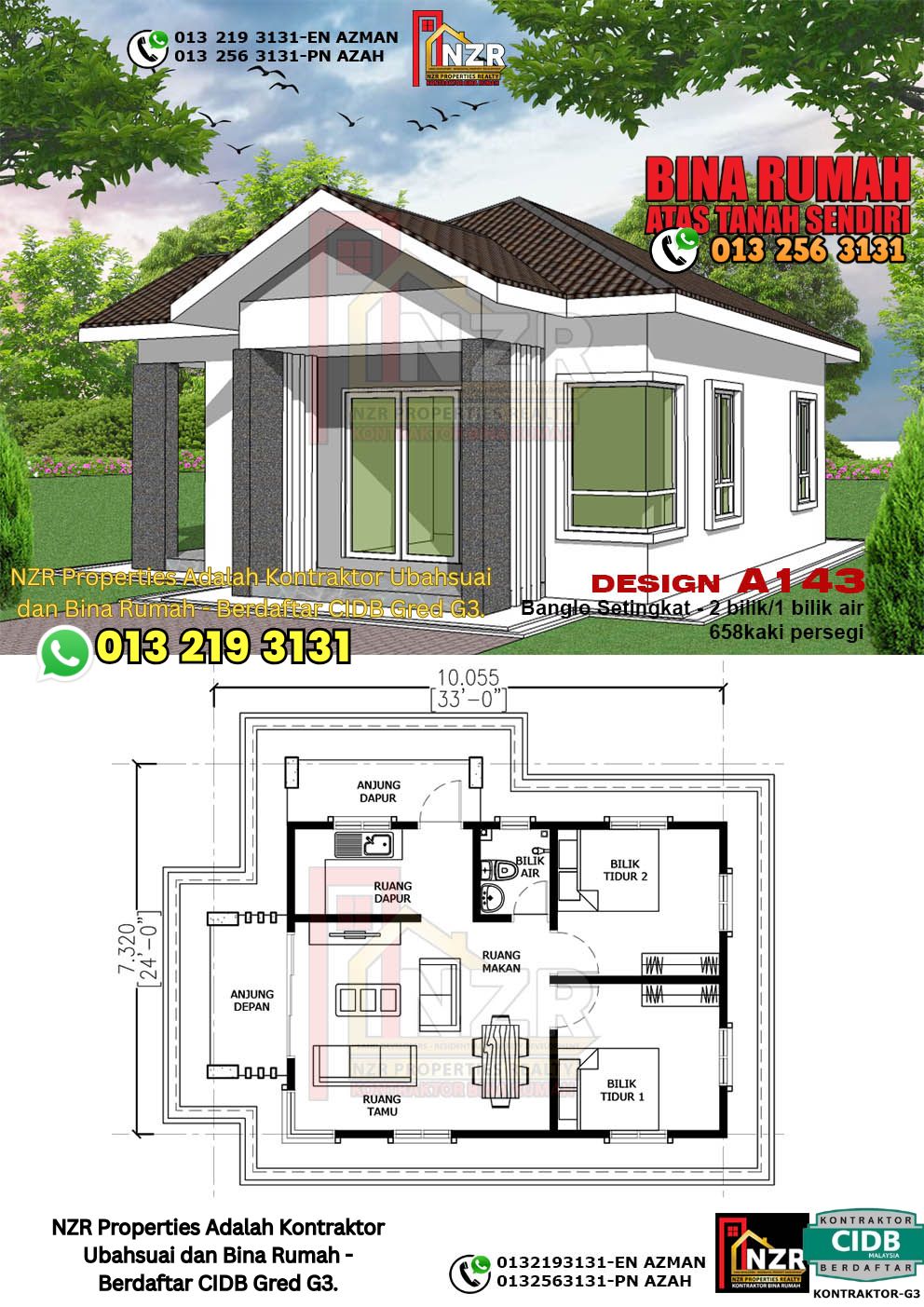 Design 37-Kod A143-Banglo Setingkat - 2 Bilik &1 Bilik Air-Size Rumah 658kps