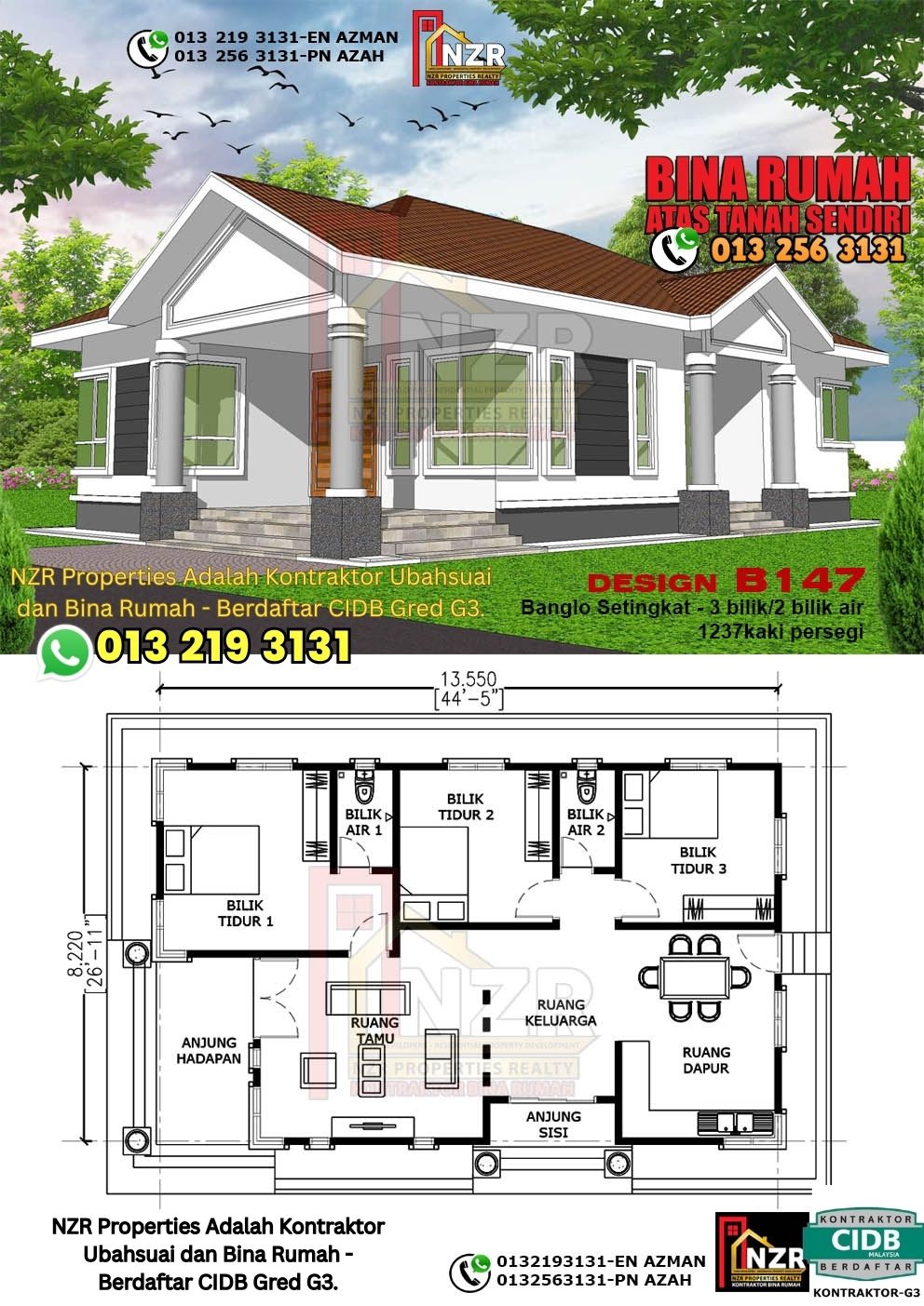 Design 34-Kod B147-Banglo Setingkat - 3Bilik &2 Bilik Air-Size Rumah 1237kps