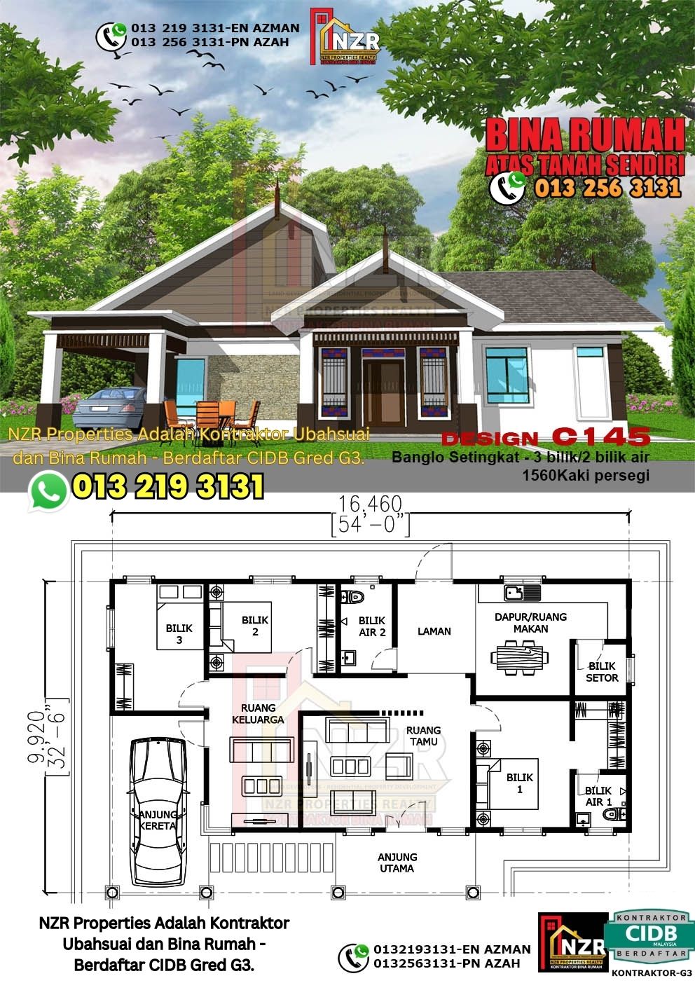 Design 36-Kod C145-Banglo Setingkat - 3Bilik &2 Bilik Air-Size Rumah 1560kps