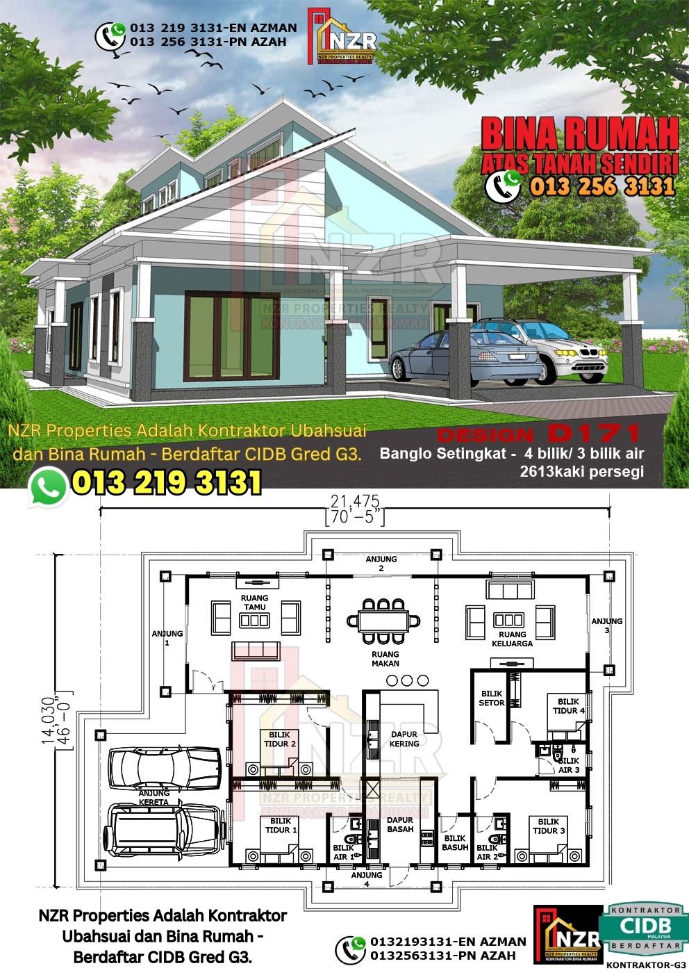 Design 37-Kod D171-Banglo Setingkat - 4Bilik &3Bilik Air-Size Rumah 2613kps