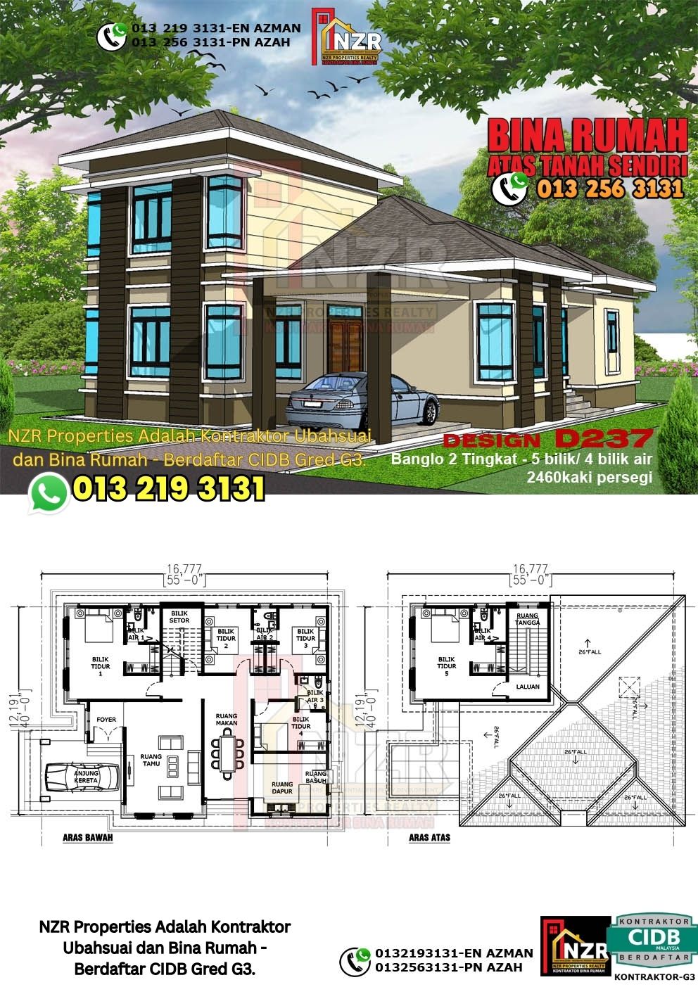 Design 37-Kod D237-Design Rumah Dua Tingkat -5Bilik &4Bilik Air-Size Rumah 2460kps
