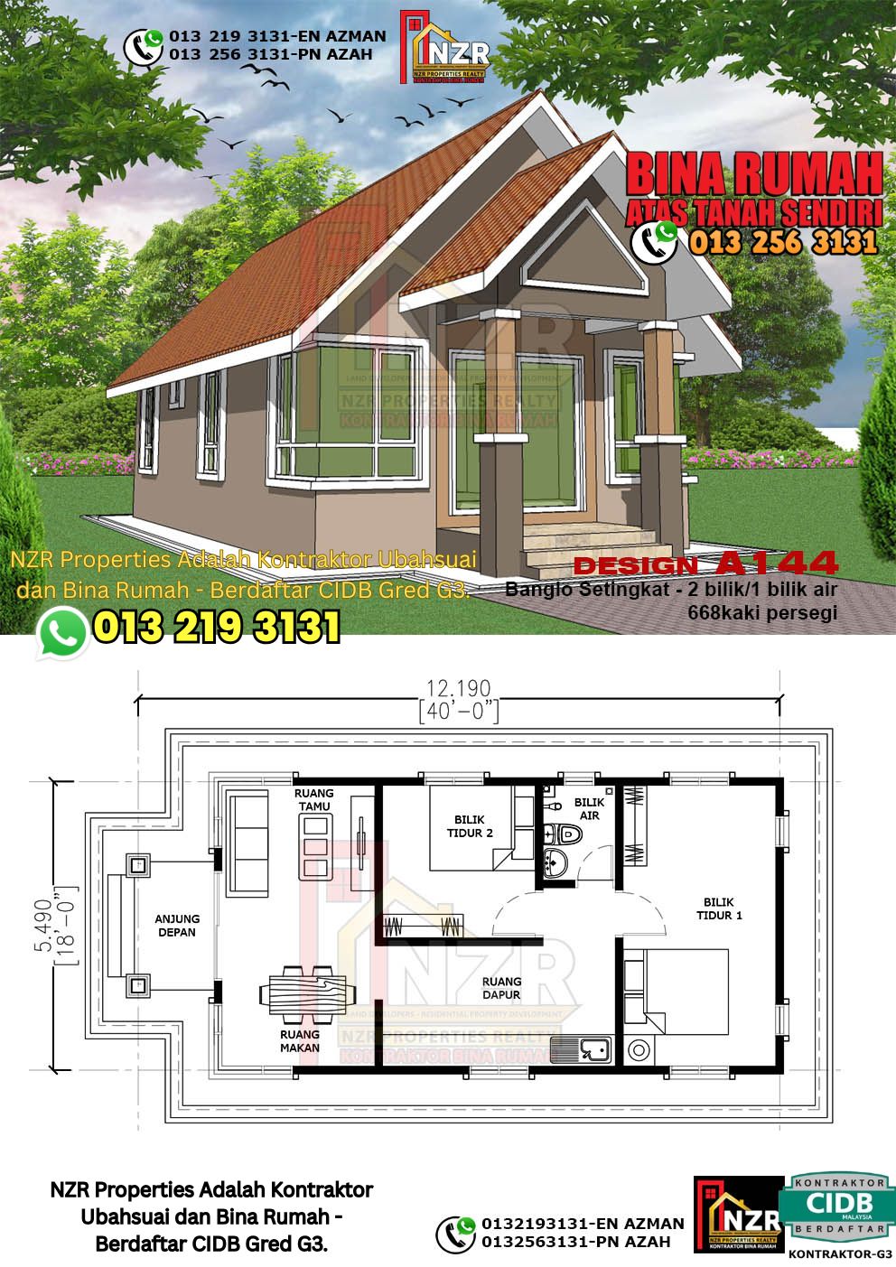 Design 38-Kod A144-Banglo Setingkat - 2 Bilik &1 Bilik Air-Size Rumah 668kps