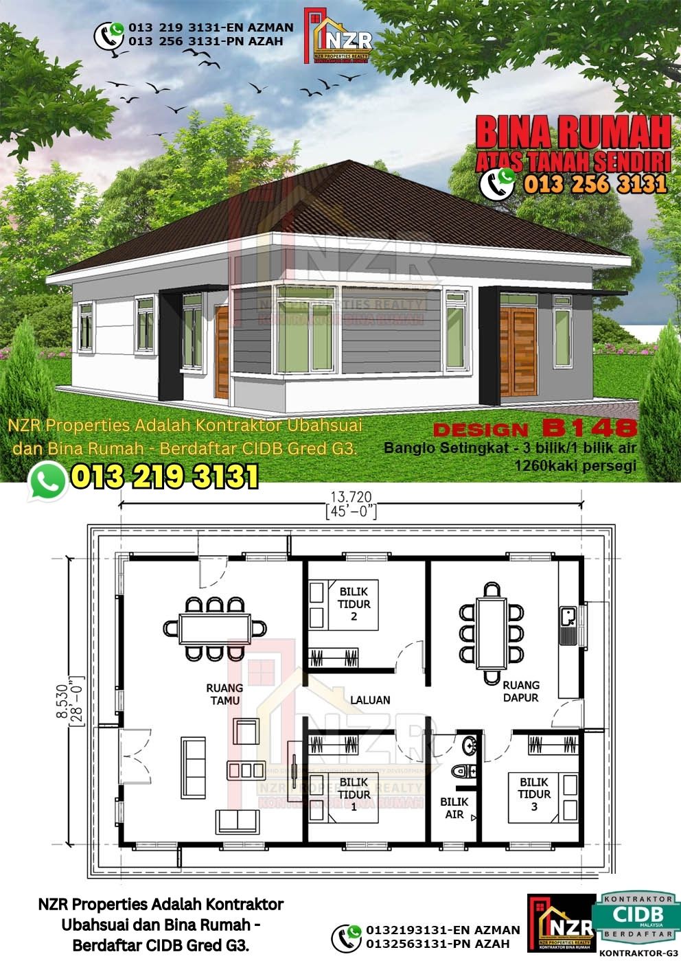 Design 35-Kod B148-Banglo Setingkat - 3Bilik &1 Bilik Air-Size Rumah 1260kps