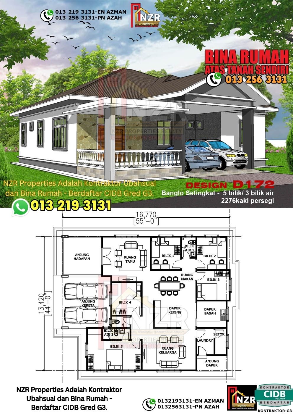 Design 38-Kod D172-Banglo Setingkat - 5Bilik &3Bilik Air-Size Rumah 2276kps
