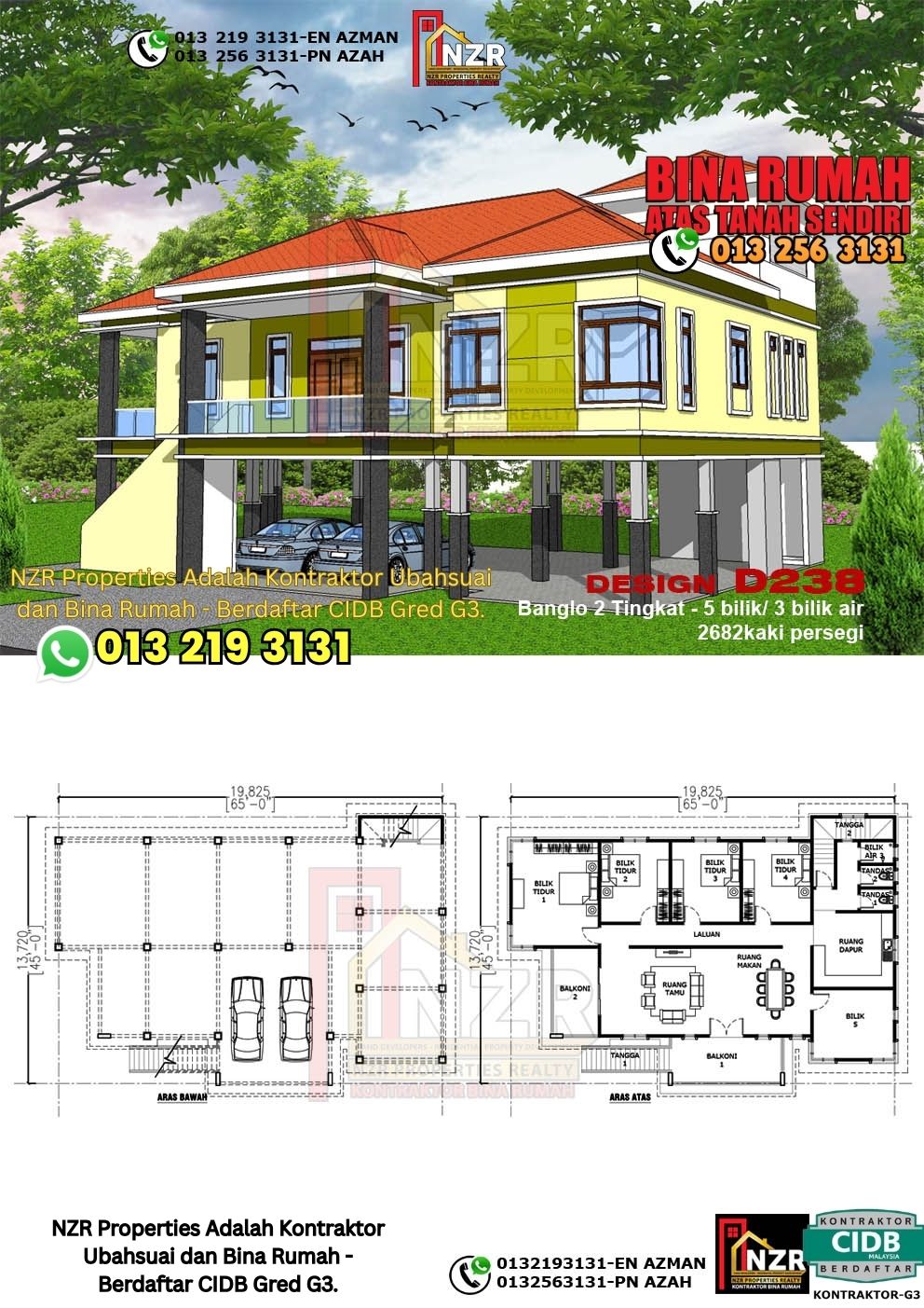 Design 38-Kod D238-Design Rumah Dua Tingkat -5Bilik &3Bilik Air-Size Rumah 2682kps