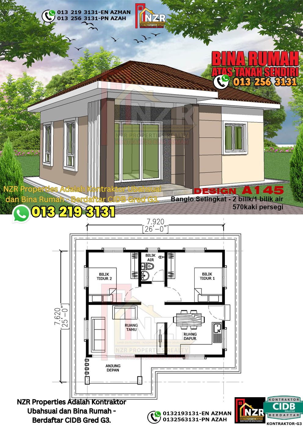 Design 39-Kod A145-Banglo Setingkat - 2 Bilik &1 Bilik Air-Size Rumah 570kps